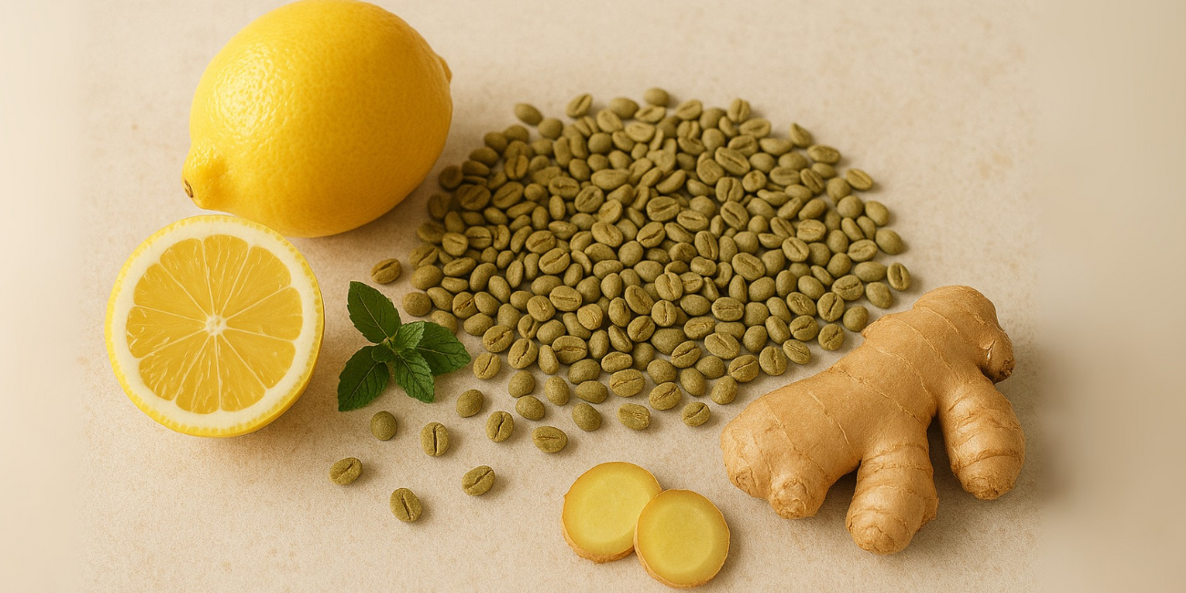 Kofeina z zielonej kawy, cytryna i imbir