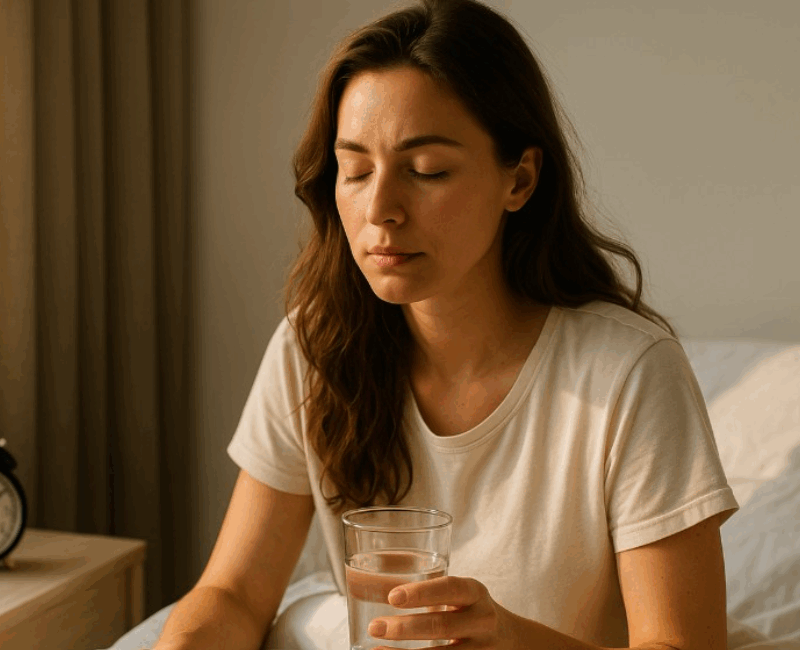 Poranny rytuał offline – kobieta z wodą w ręku, bez użycia telefonu