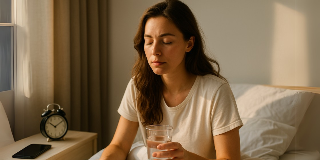 Poranny rytuał offline – kobieta z wodą w ręku, bez użycia telefonu