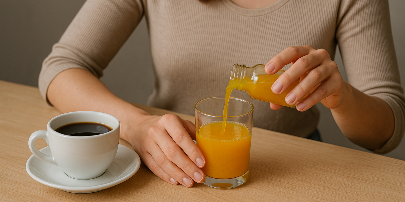 Kobieta nalewa napój funkcjonalny z małej butelki do szklanki, obok filiżanka kawy – naturalna alternatywa dla kofeiny