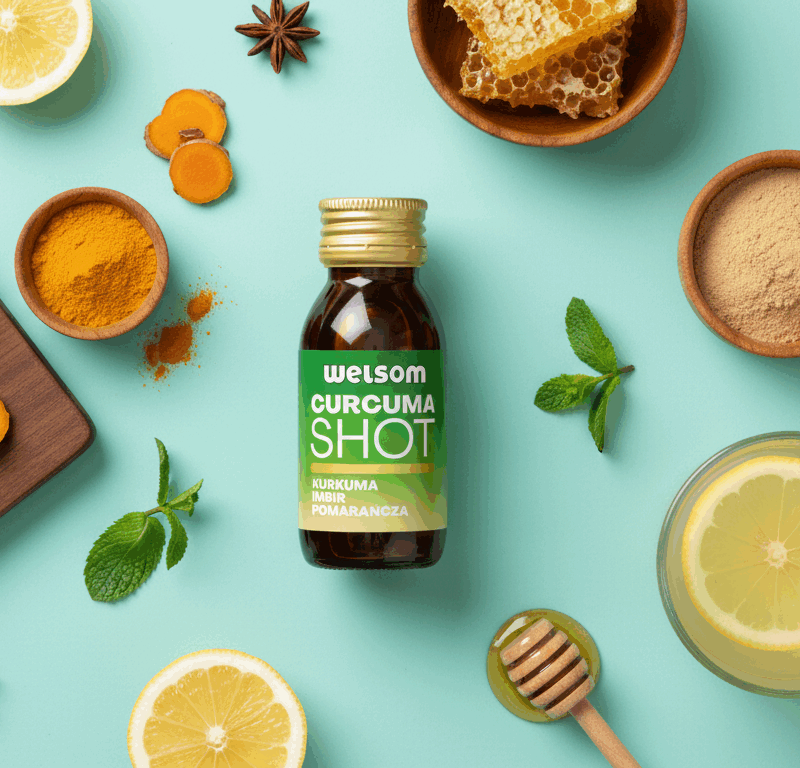 Shot Welsom Curcuma otoczony naturalnymi składnikami: świeży imbir, kurkuma, cytryna, miód i zioła na pastelowym tle – zdrowie w naturalnej formie