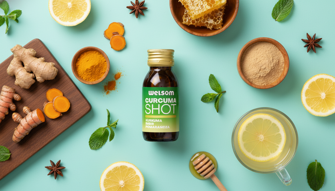 Shot Welsom Curcuma otoczony naturalnymi składnikami: świeży imbir, kurkuma, cytryna, miód i zioła na pastelowym tle – zdrowie w naturalnej formie